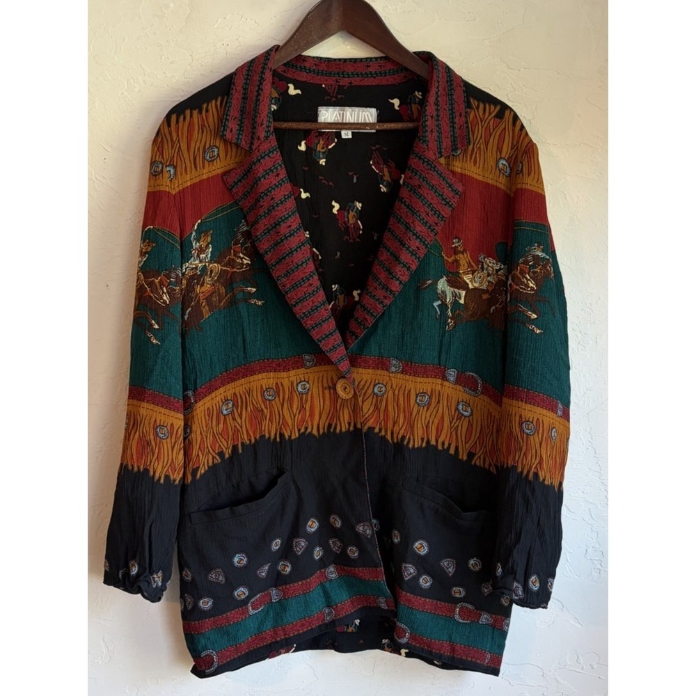 Vintage Platinum Dorothy Schoelen Cowboy Blazer Jacket M Western Novelty Horse